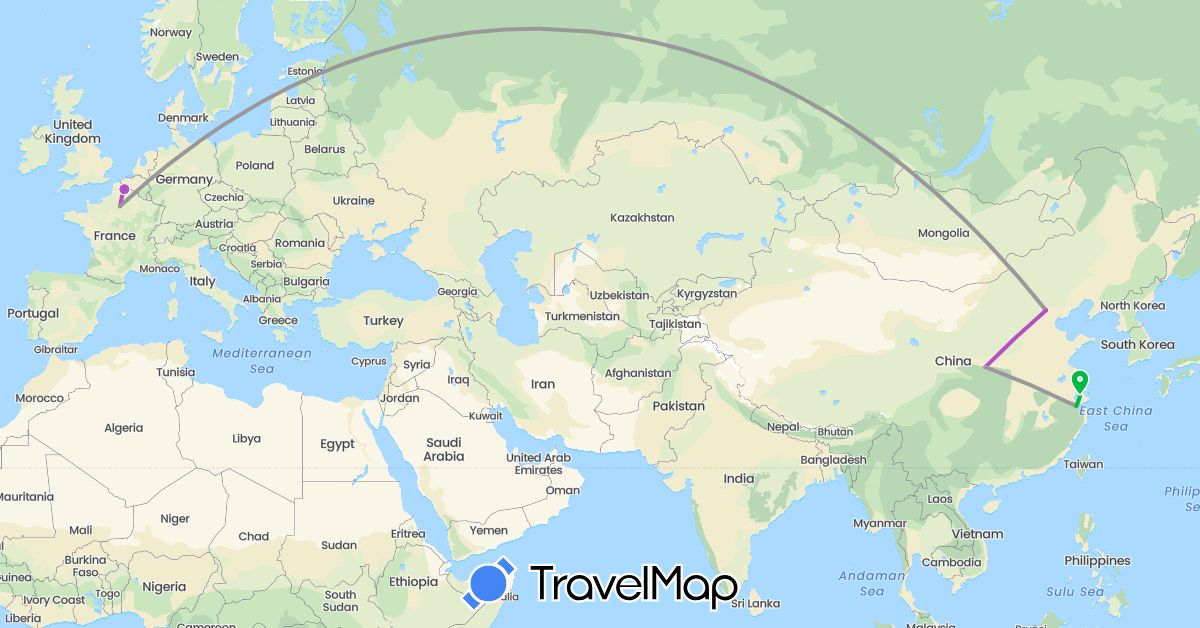 TravelMap itinerary: driving, bus, plane, train in China, France (Asia, Europe)